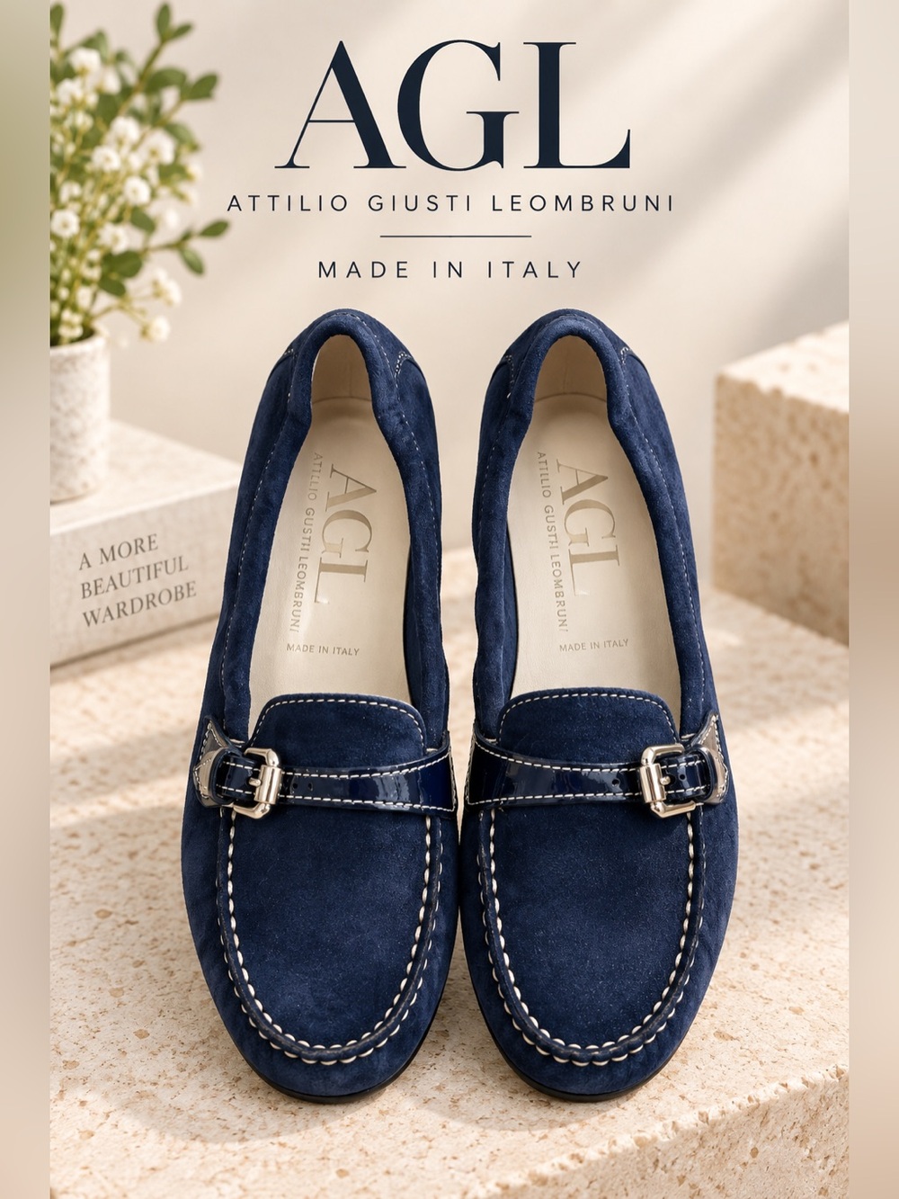AGL Attilio Giusti Leombruni Navy Suede Buckle Loafers Size 37